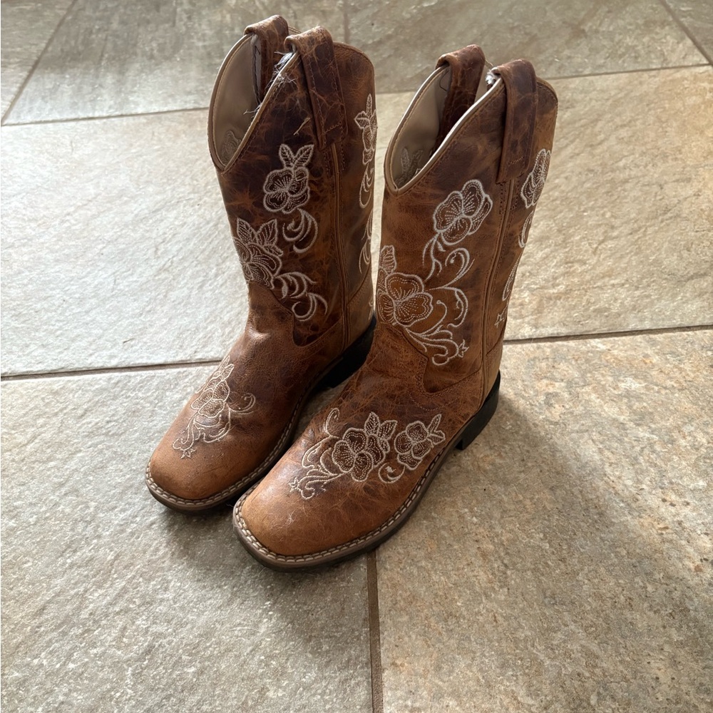 Shyanne Brown Floral Embroidered Kids Cowboy Boots